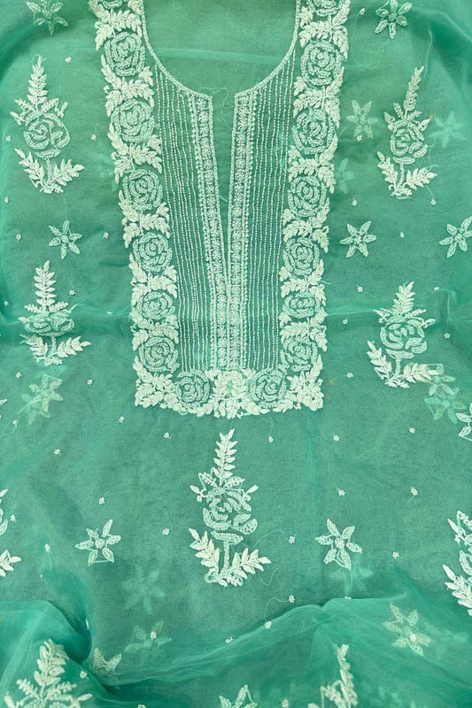 Elegant Green Chikankari Organza Suit: Hand-Embroidered Perfection