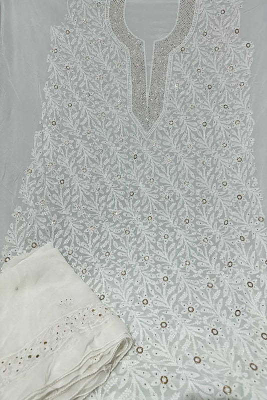 Exquisite Georgette Unstitched Suit: Hand-Embroidered Chikankari Mukaish Work - Luxurion World