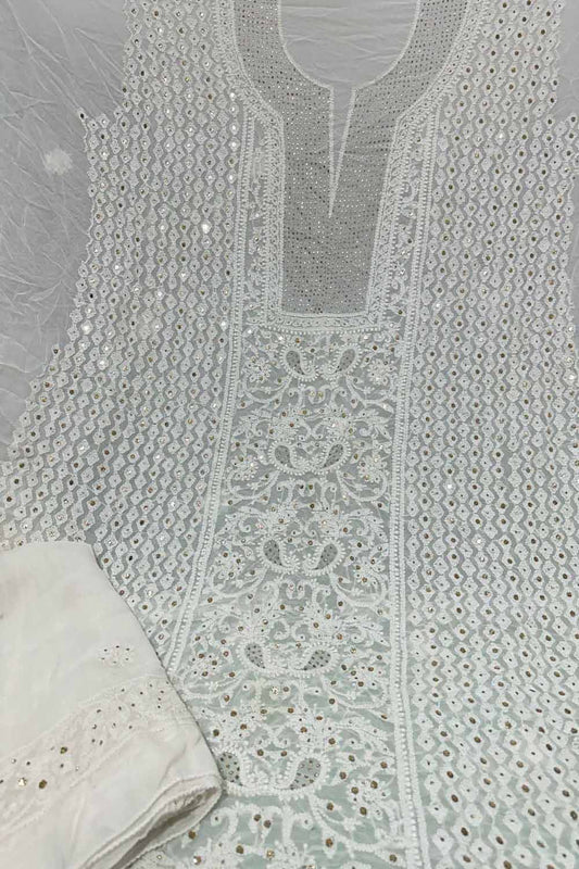 Elegant Hand Embroidered Georgette Unstitched Suit: Dazzling Dyeable Chikankari Mukaish Work