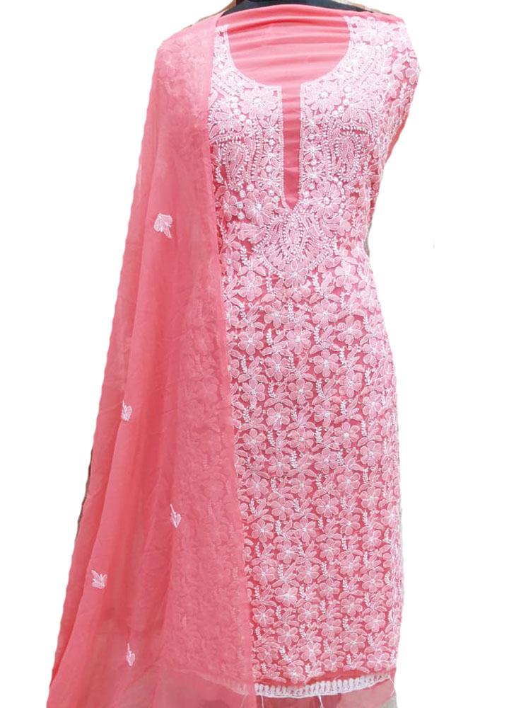 Pink Embroidered Chikankari Georgette Two Piece Unstitched Suit Set - Luxurion World
