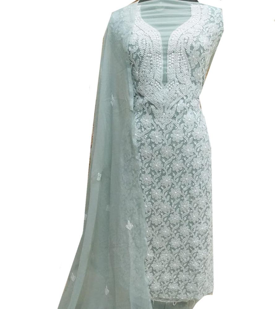 Grey Embroidered Chikankari Georgette Two Piece Unstitched Suit Set - Luxurion World