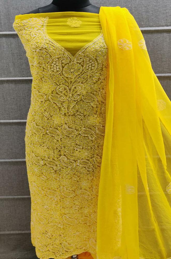 Yellow Embroidered Chikankari Chiffon Georgette Three Piece Unstitched Suit Set - Luxurion World