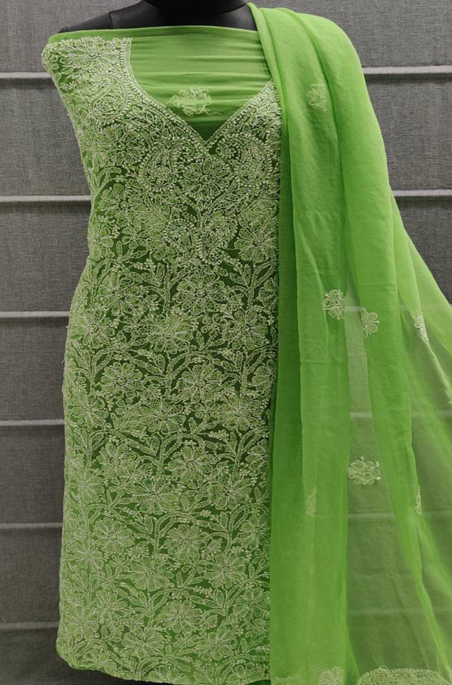 Green Embroidered Chikankari Chiffon Georgette Three Piece Unstitched Suit Set - Luxurion World