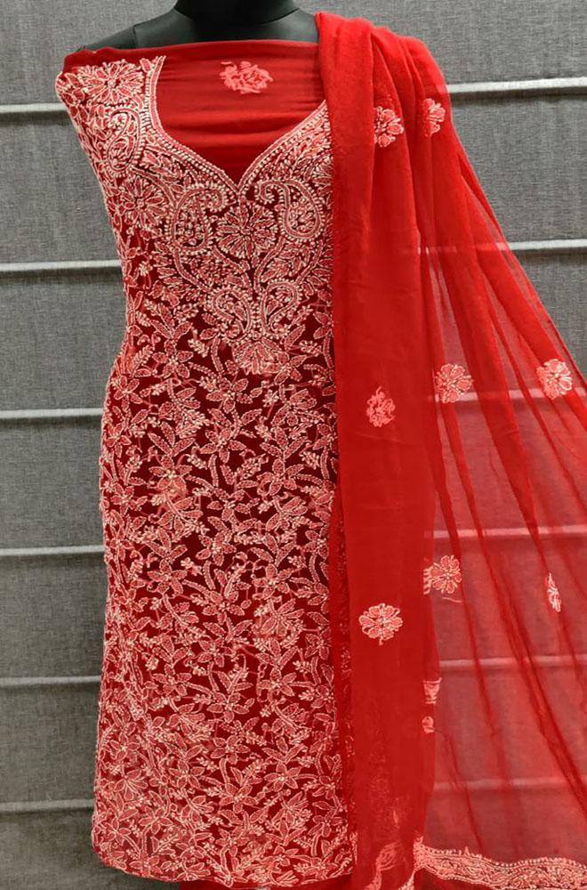 Red Embroidered Chikankari Chiffon Georgette Three Piece Unstitched Suit Set - Luxurion World