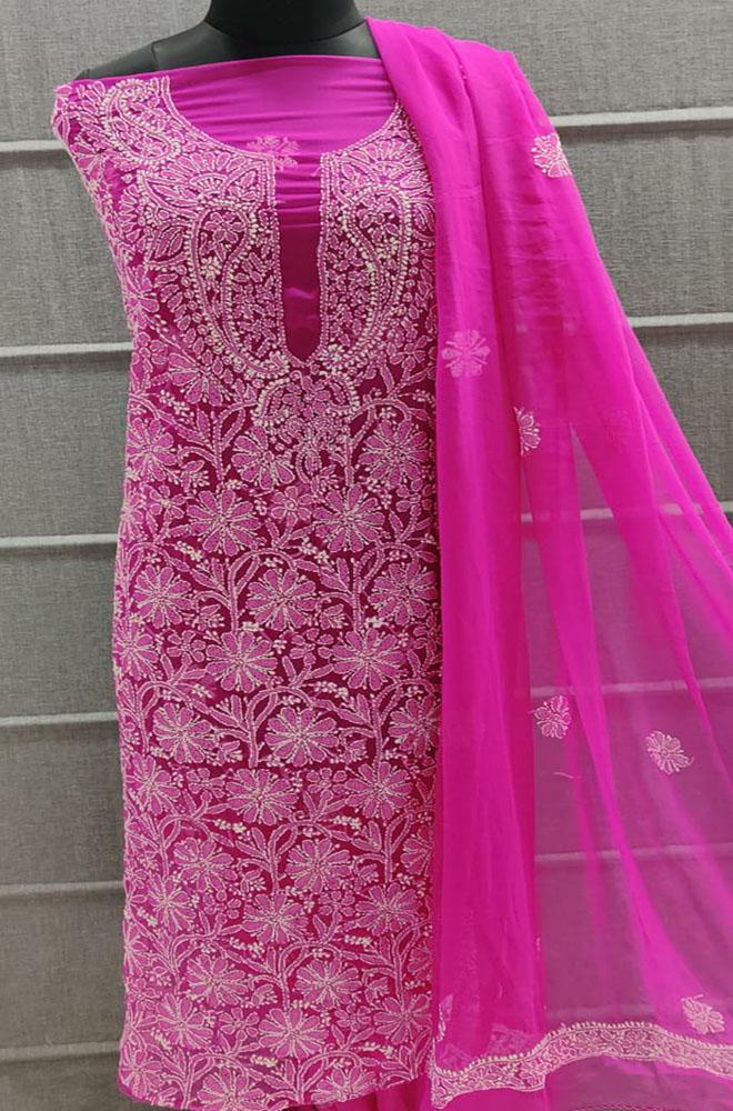 Pink Embroidered Chikankari Chiffon Georgette Three Piece Unstitched Suit Set - Luxurion World