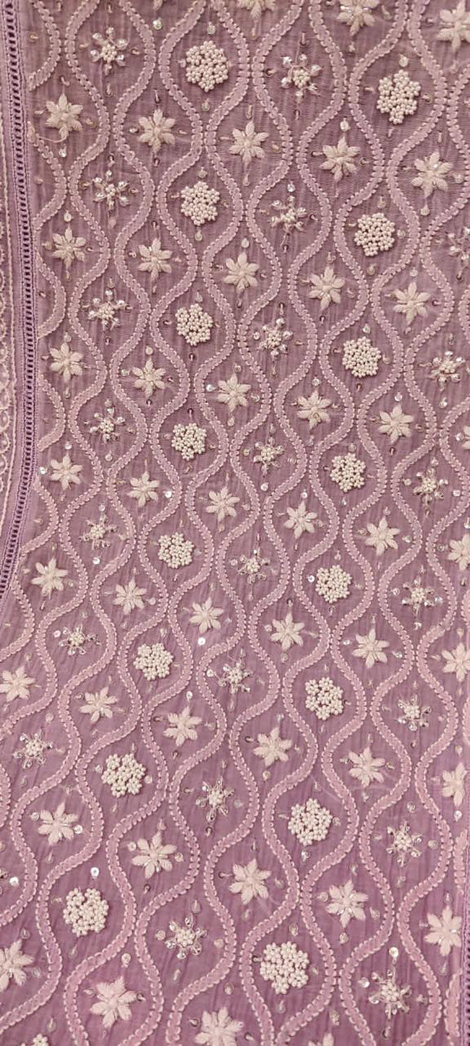 Purple Chikankari Hand Embroidered Chanderi Silk Two Piece Unstitched Suit Set - Luxurion World