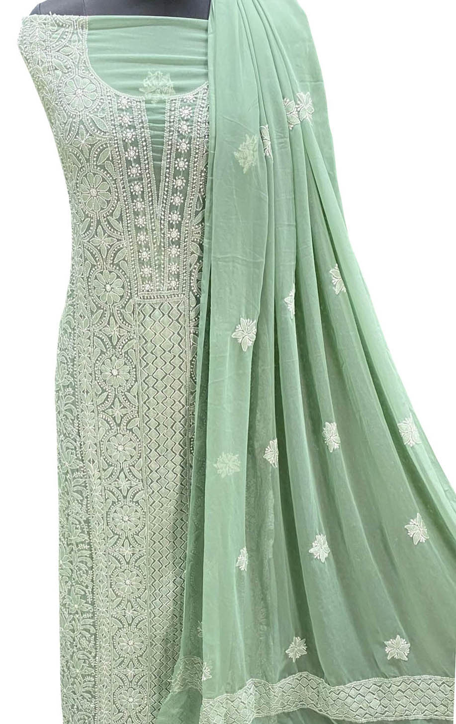 Stunning Green Hand Chikankari Chiffon Georgette Suit Set - Unstitched - Luxurion World