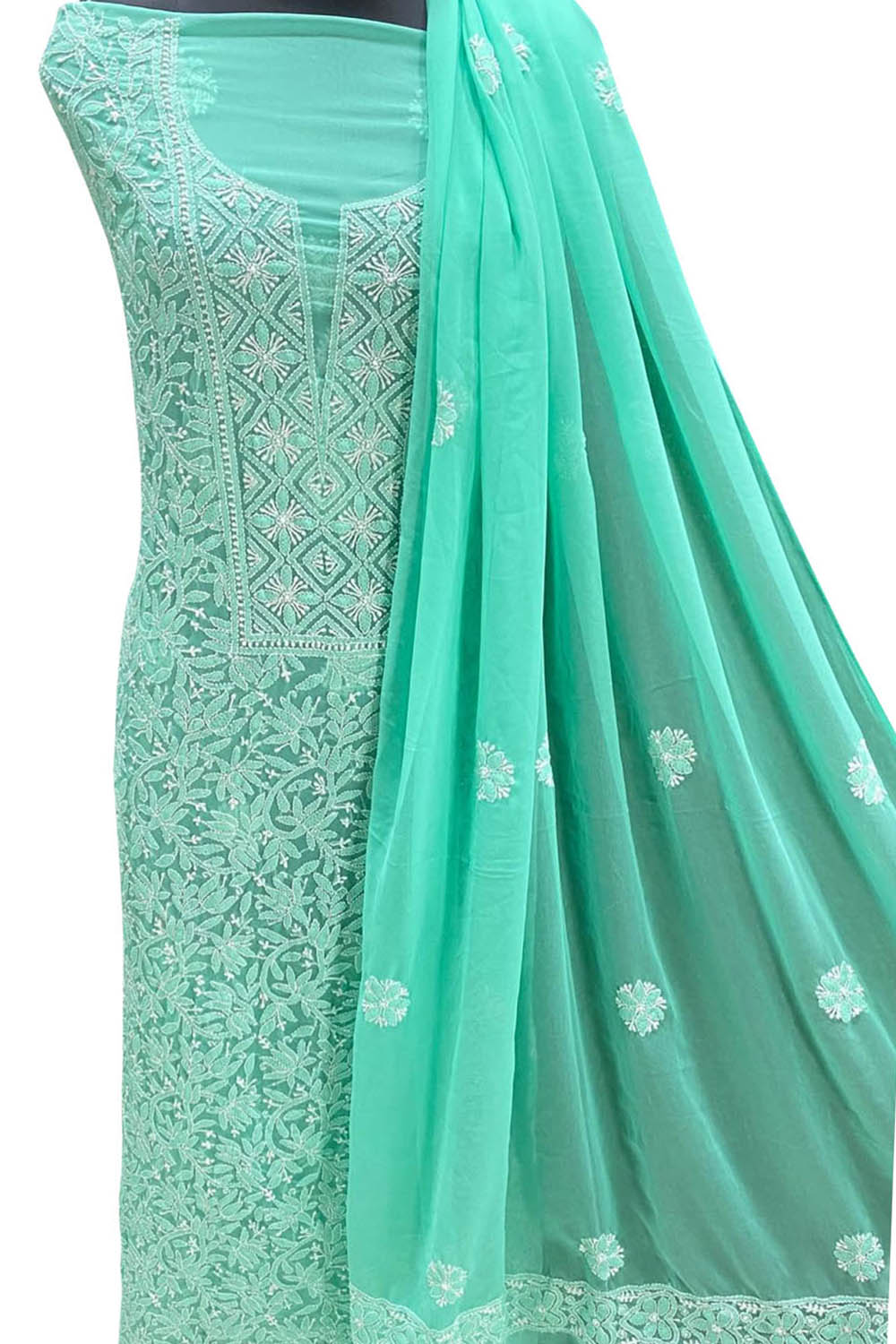 Stunning Green Hand Chikankari Chiffon Georgette Suit Set - Unstitched - Luxurion World