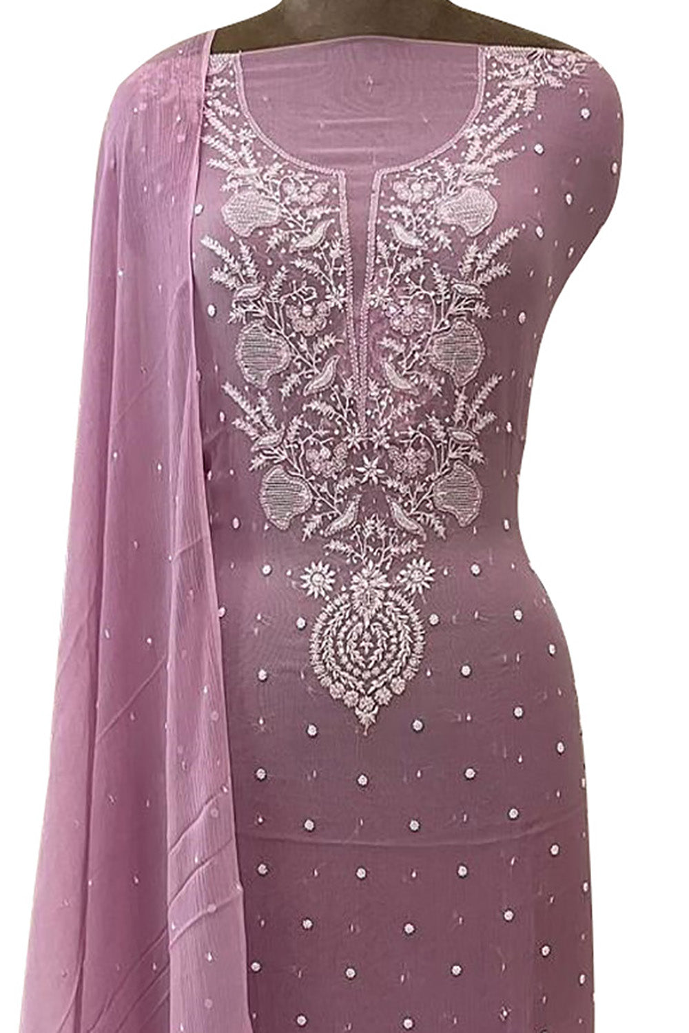 Elegant Pink Chikankari Chiffon Suit: Intricate Hand-Embroidery, Sparkling Sequins & Delicate Pearls Elegant Pink Chikankari Chiffon Suit: Intricate Hand-Embroidery, Sparkling Sequins & Delicate Pearls