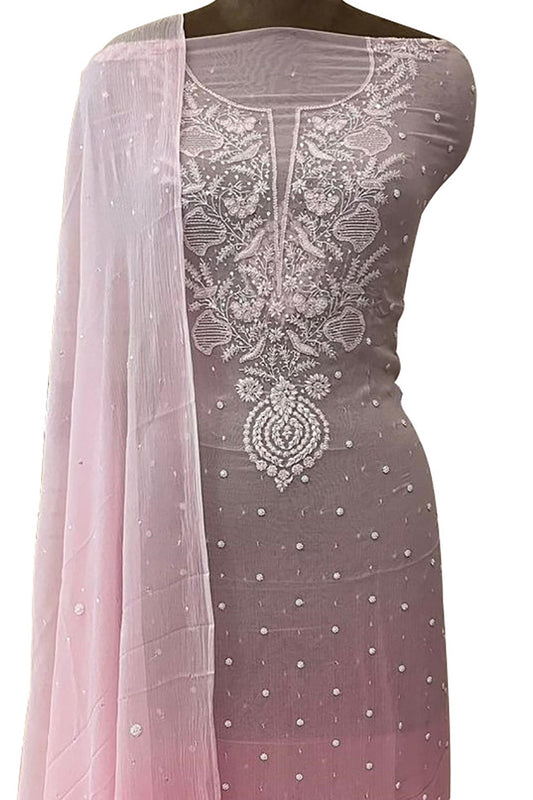 Elegant Pink Chikankari Chiffon Suit Set: Sequins & Pearl Embroidery