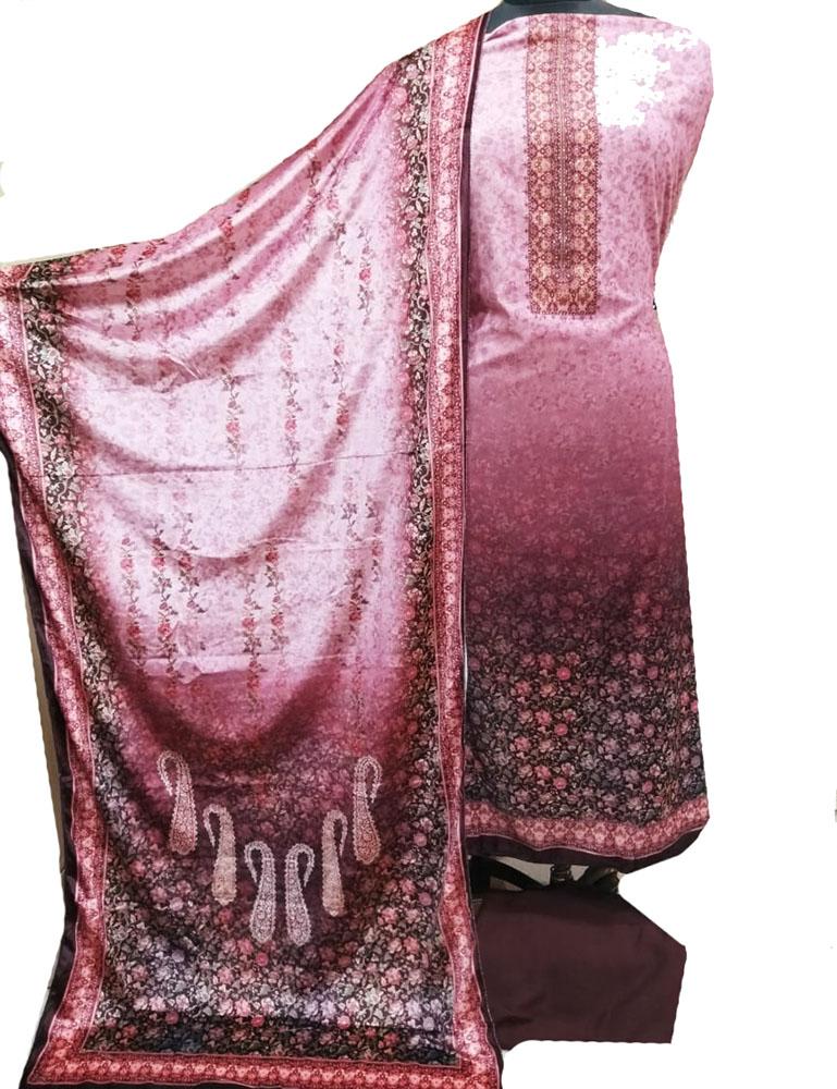 Pink Digital Printed Velvet Three Piece Unstitched Suit Set - Luxurion World
