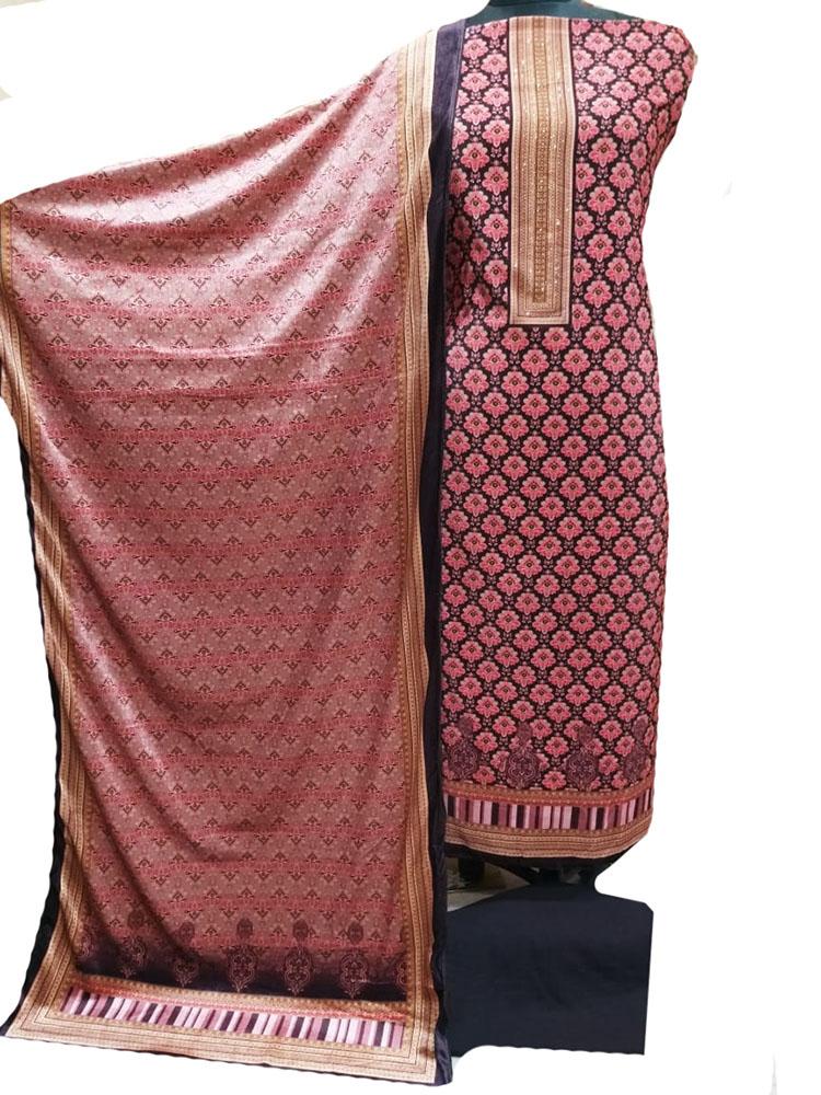 Pink Digital Printed Velvet Three Piece Unstitched Suit Set - Luxurion World
