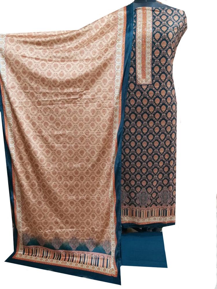 Blue Digital Printed Velvet Three Piece Unstitched Suit Set - Luxurion World