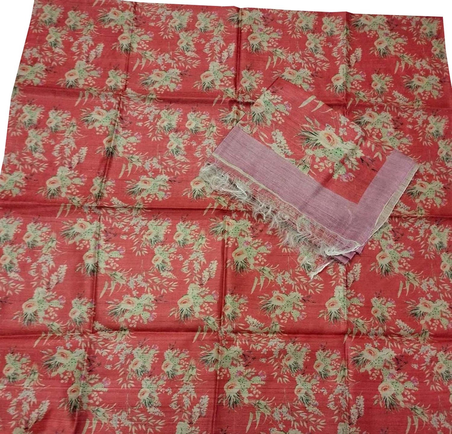 Digital Print Red Tussar Moonga Suit Set - Unstitched Elegance - Luxurion World