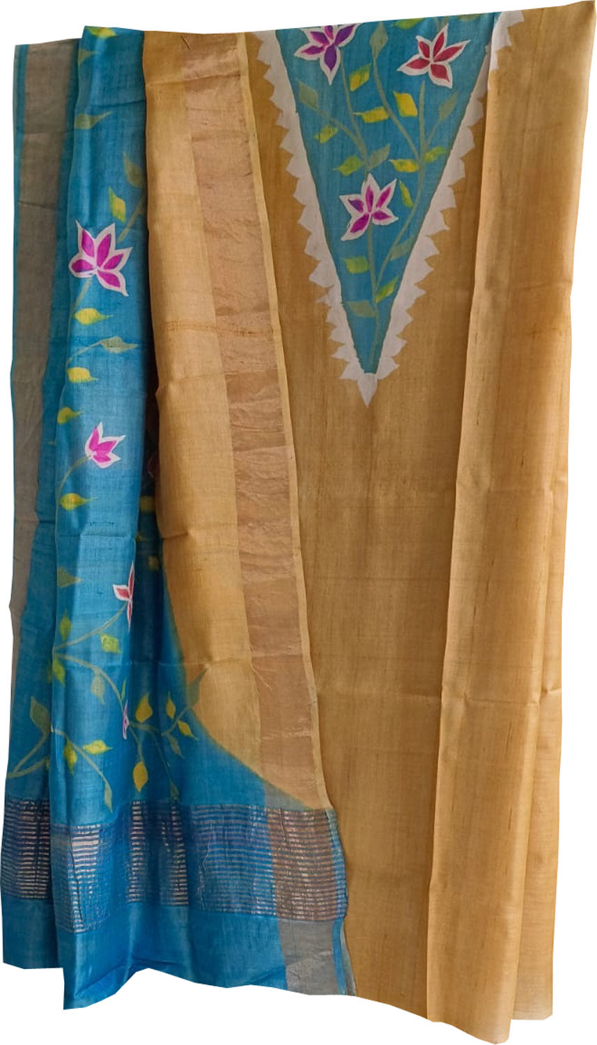 Blue Hand Painted Pure Tussar Silk Two Piece Unstitched Suit Set - Luxurion World