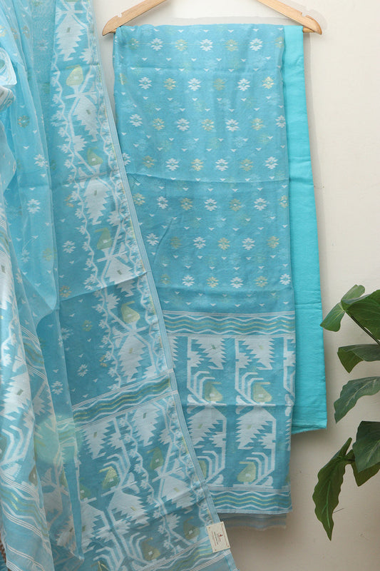 Blue Jamdani Cotton Silk Three Piece Suit Set - Luxurion World