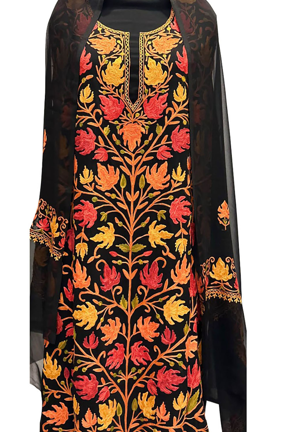 kashmiri design dress Elegant Black Aari Work Georgette Three Piece Suit Add this beautiful piece Change Color (10 $):Other color Red Dresses for Women blush dress