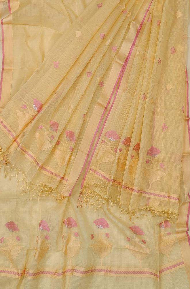 Yellow Handloom Kota Doria Real Zari Meenakari Work Two Piece Unstitched Suit Set - Luxurion World