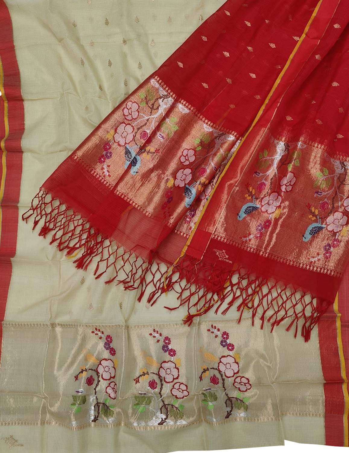 Green And Red Kota Doria Real Zari Unstitched Suit Set - Luxurion World