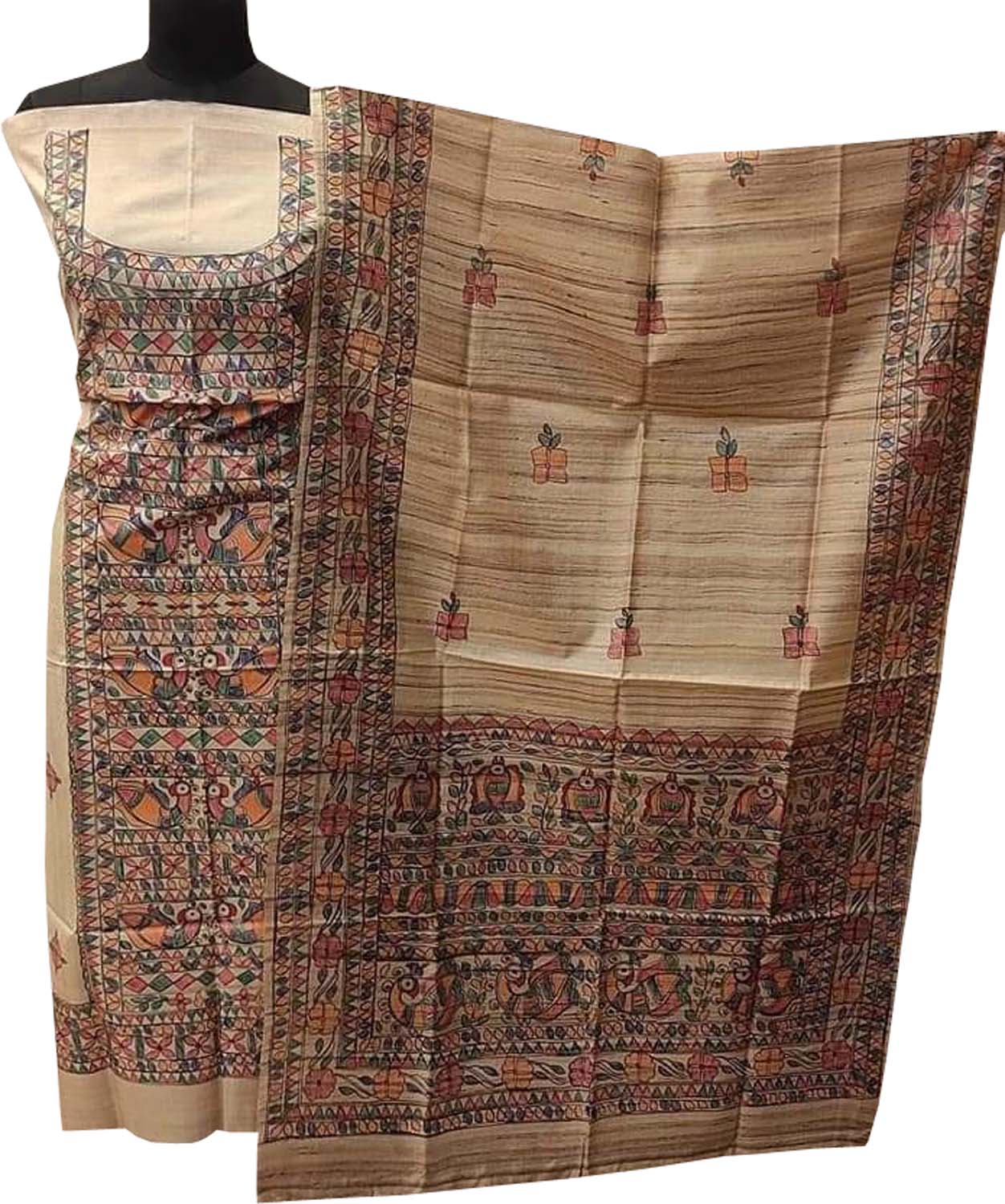 Madhubani Hand Painted Tussar Ghicha Suit Set - Pastel Perfection - Luxurion World