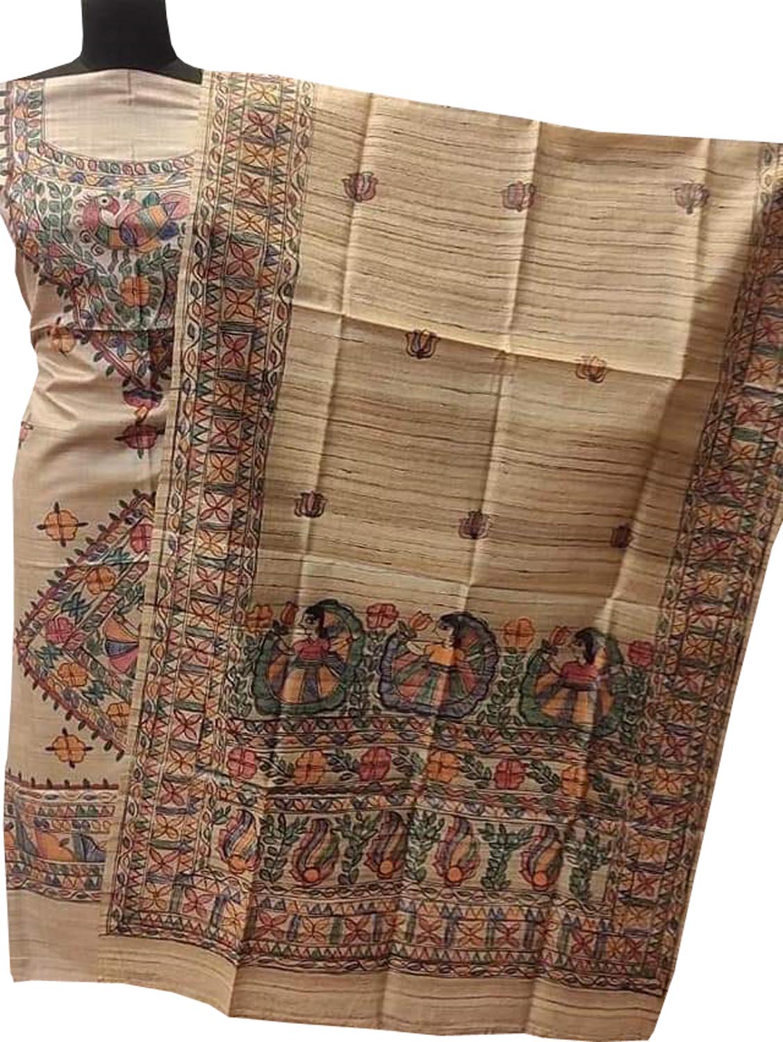 Madhubani Hand Painted Tussar Ghicha Suit Set - Pastel Perfection - Luxurion World