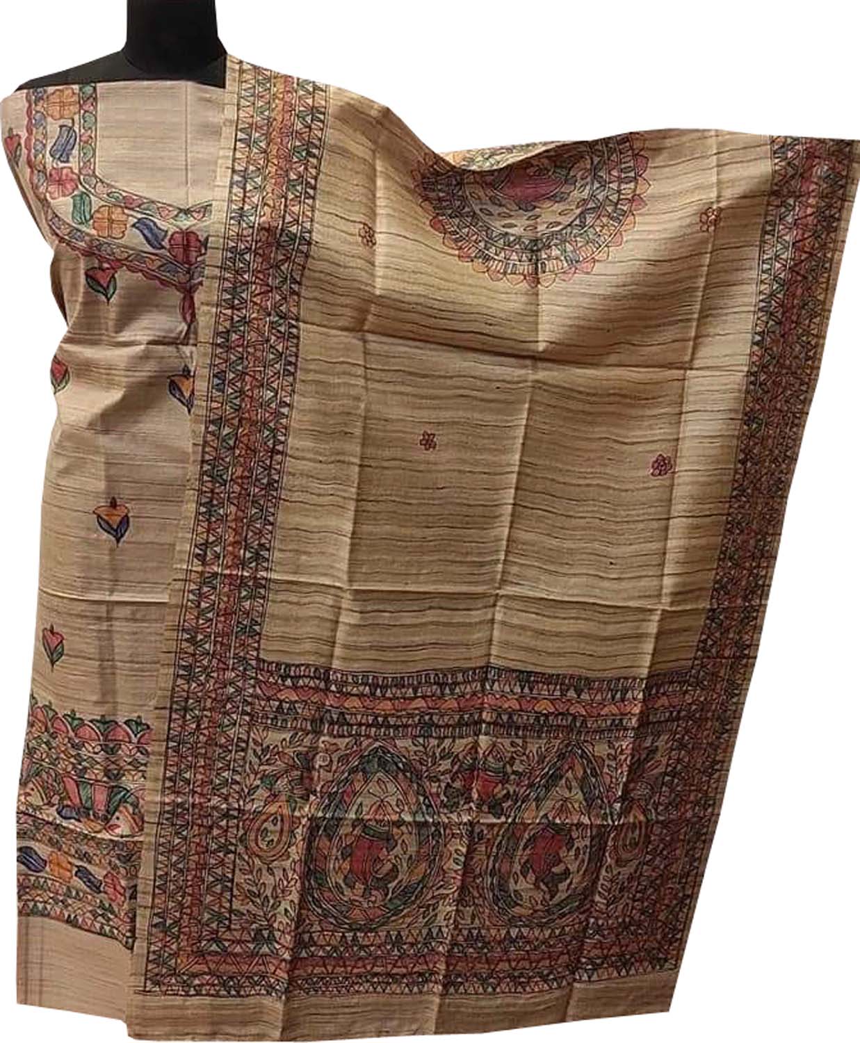 Madhubani Hand Painted Tussar Ghicha Suit Set - Pastel Perfection - Luxurion World