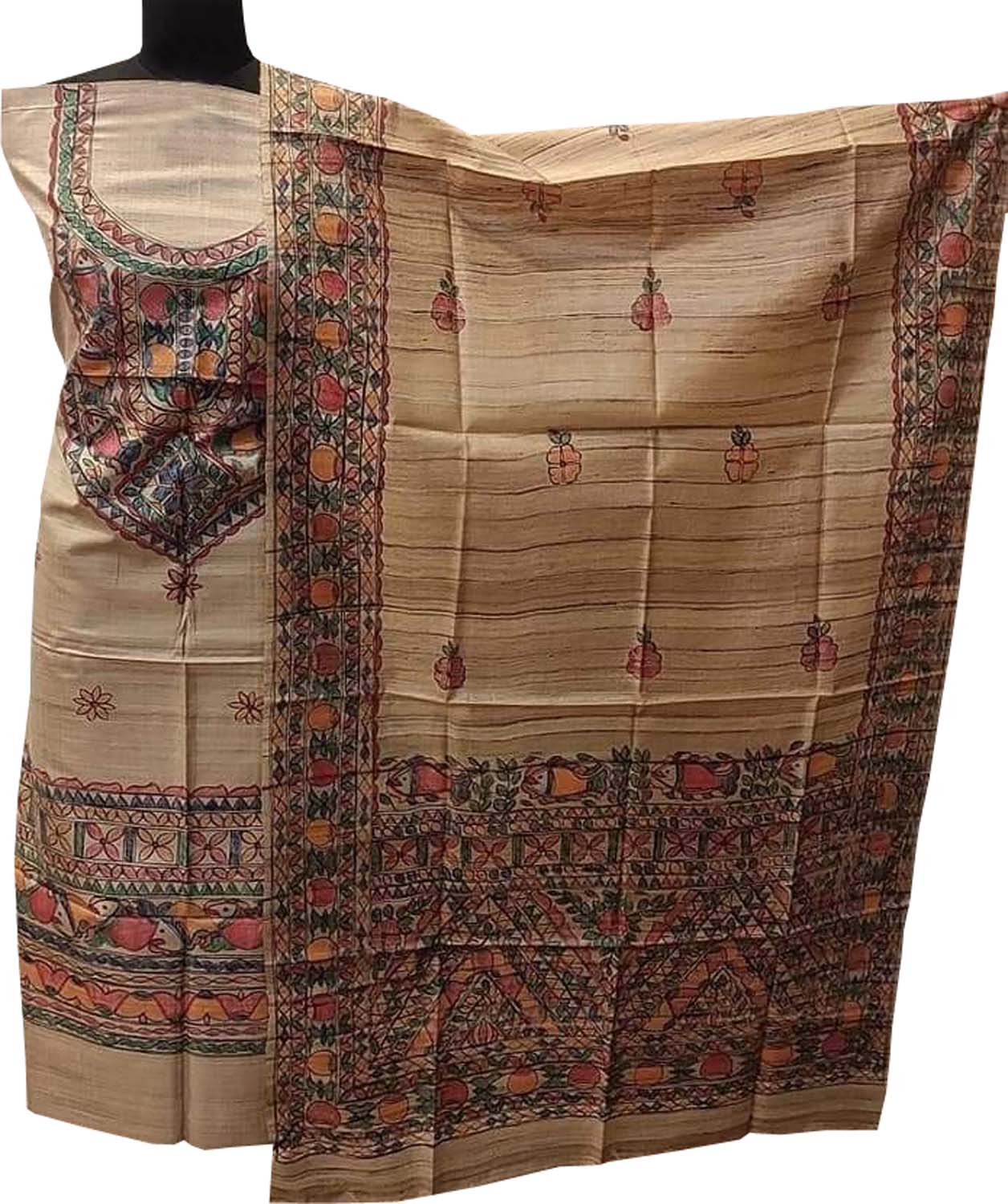 Madhubani Hand Painted Tussar Ghicha Suit Set - Pastel Perfection - Luxurion World