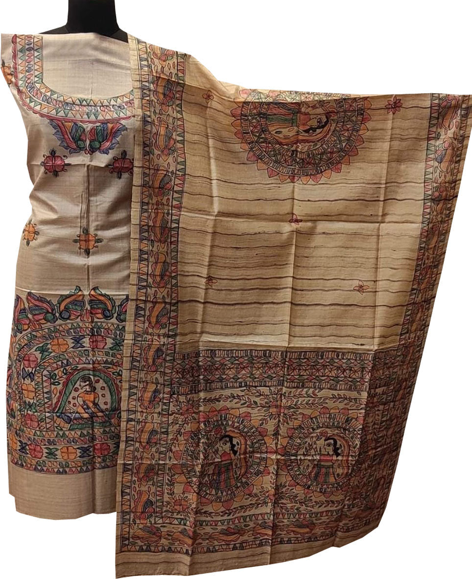 Pastel Madhubani Hand Painted Tussar Ghicha Unstitched Suit Set - Luxurion World