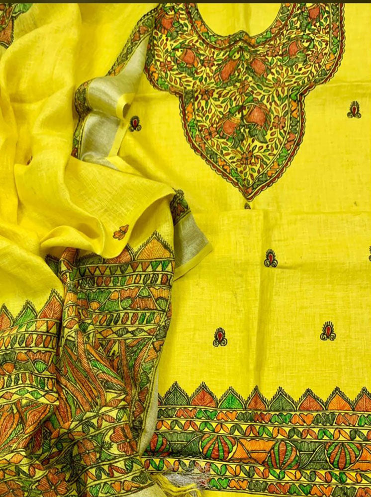 Yellow Hand Painted Madhubani Pure Linen Silk Two Piece Unstitched Suit Set - Luxurion World