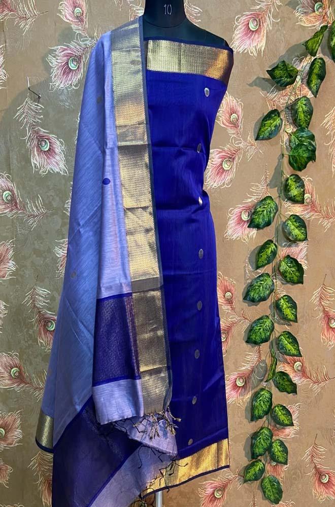 Blue Handloom Maheshwari Silk Cotton 2 Piece Unstitched Suit Set - Luxurion World