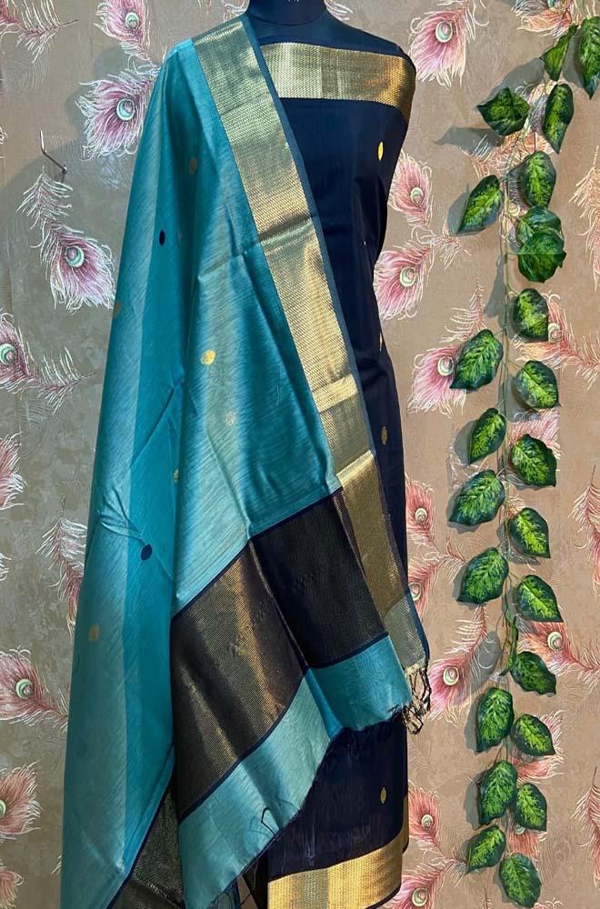 Blue Handloom Maheshwari Silk Cotton 2 Piece Unstitched Suit Set - Luxurion World