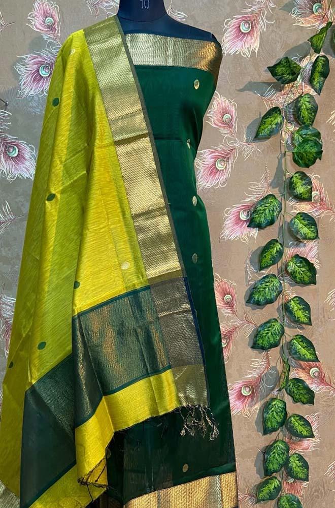 Green Handloom Maheshwari Silk Cotton 2 Piece Unstitched Suit Set - Luxurion World