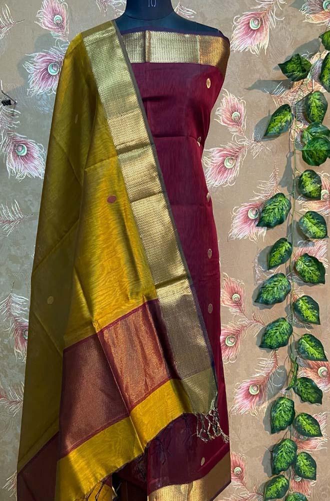 Maroon Handloom Maheshwari Silk Cotton 2 Piece Unstitched Suit Set - Luxurion World