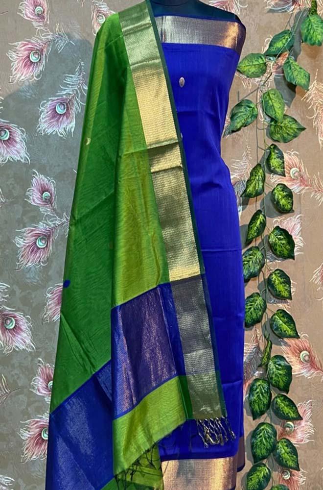 Blue Handloom Maheshwari Silk Cotton 2 Piece Unstitched Suit Set - Luxurion World