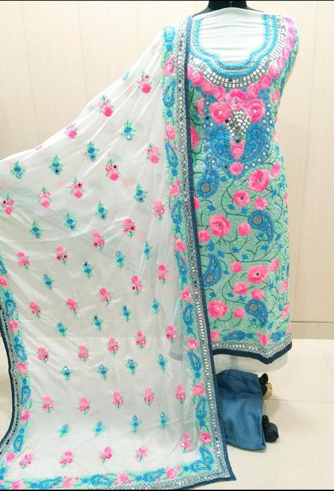 Blue Embroidered Phulkari Georgette Three Piece Unstitched Suit Set - Luxurion World