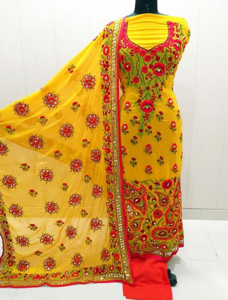 Yellow Embroidered Phulkari Georgette Three Piece Unstitched Suit Set - Luxurion World