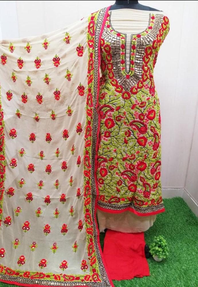 Green Embroidered Phulkari Georgette Three Piece Unstitched Suit Set - Luxurion World