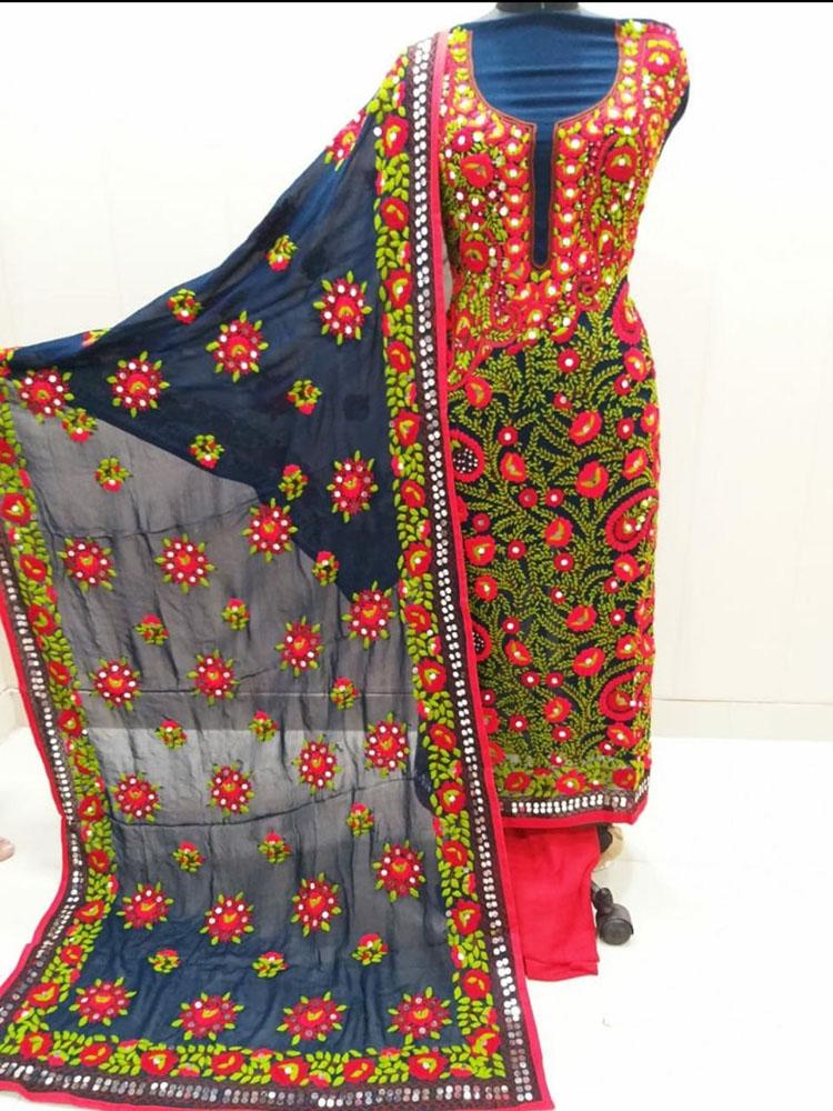 Blue Embroidered Phulkari Georgette Three Piece Unstitched Suit Set - Luxurion World