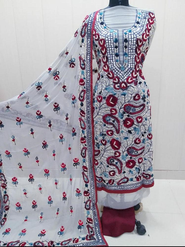 Off White Embroidered Phulkari Georgette Three Piece Unstitched Suit Set - Luxurion World
