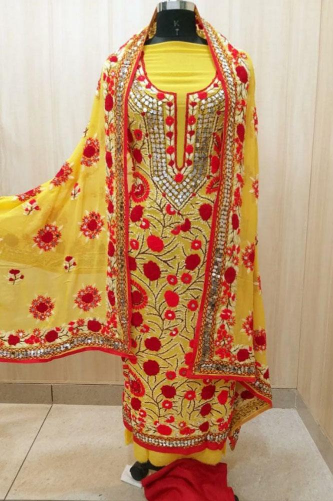 Yellow Embroidered Phulkari Georgette Three Piece Unstitched Suit Set - Luxurion World