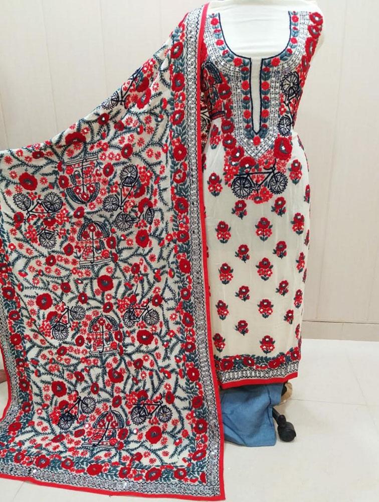Multicolor Embroidered Phulkari Georgette Three Piece Unstitched Suit Set - Luxurion World