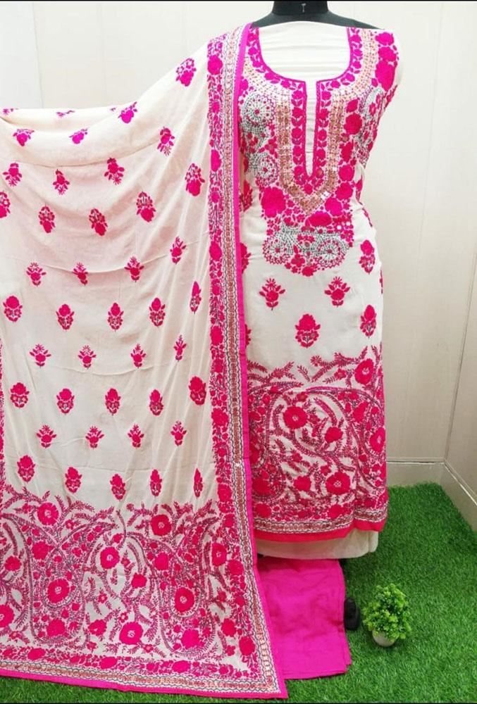 Off White And Pink Embroidered Phulkari Georgette Three Piece Unstitched Suit Set - Luxurion World