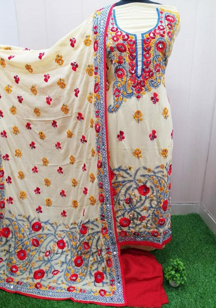 Multicolor Embroidered Phulkari Georgette Three Piece Unstitched Suit Set - Luxurion World