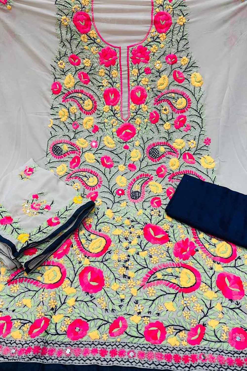 Hand Embroidered Off White Phulkari Georgette Suit Stunning!