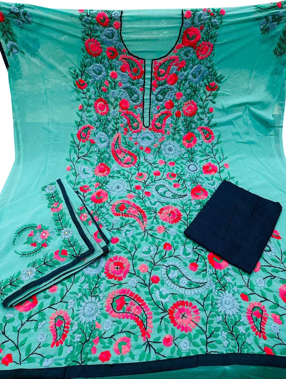 Stunning Blue Phulkari Georgette Suit Set with Hand Embroidery - Luxurion World