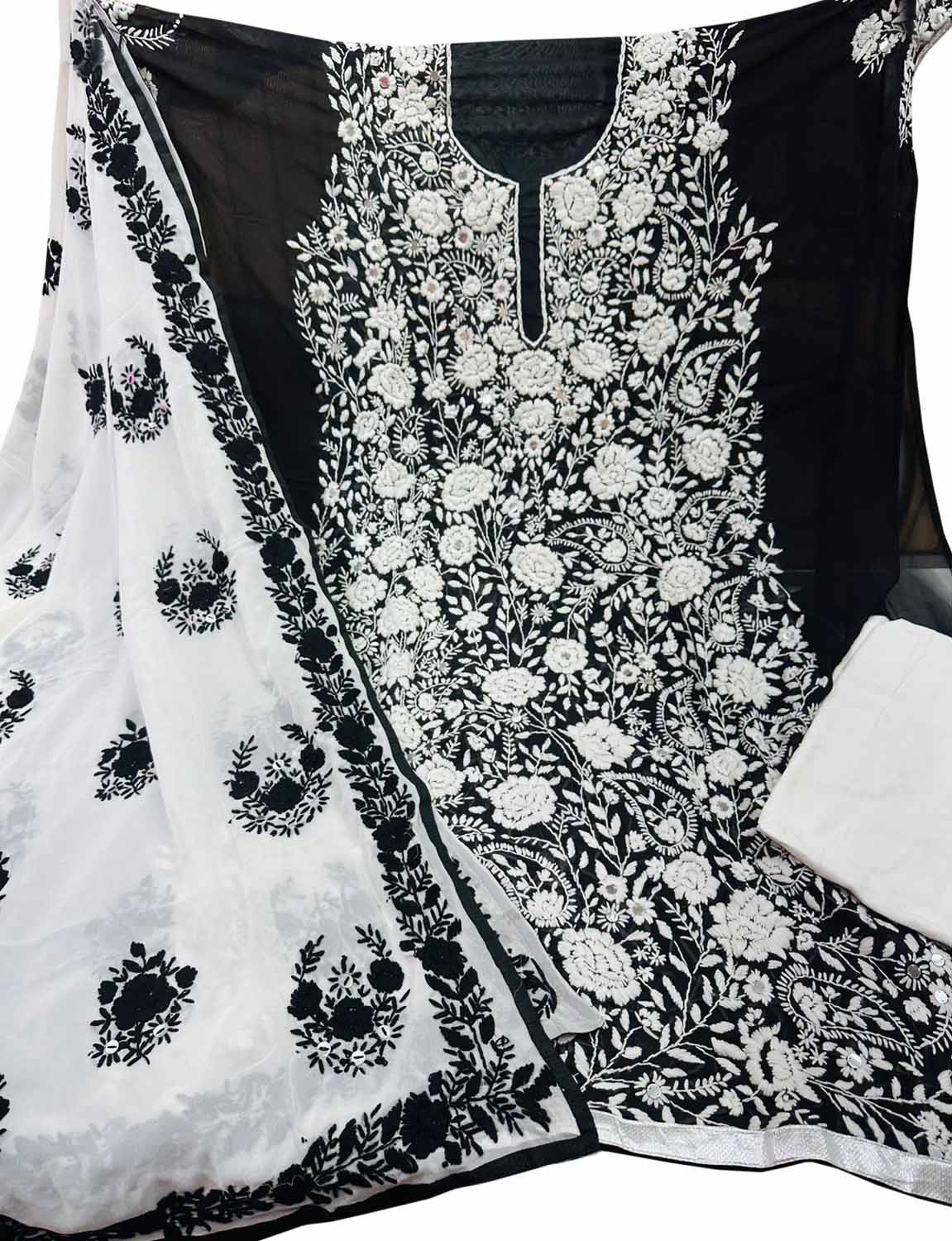 Stunning Black and White Phulkari Georgette Suit Set with Hand Embroidery - Luxurion World
