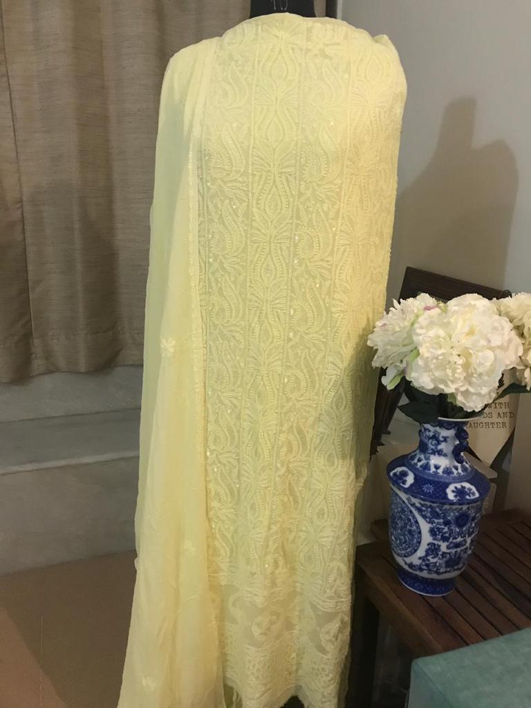 Yellow Hand Embroidered Chikankari Pure Georgette Gotta Patti Work Kurti - Luxurion World