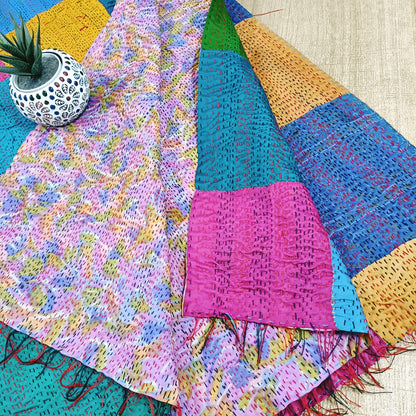 Multicolor Hand Embroidered Kantha Silk Reversible Dupatta - Luxurion World