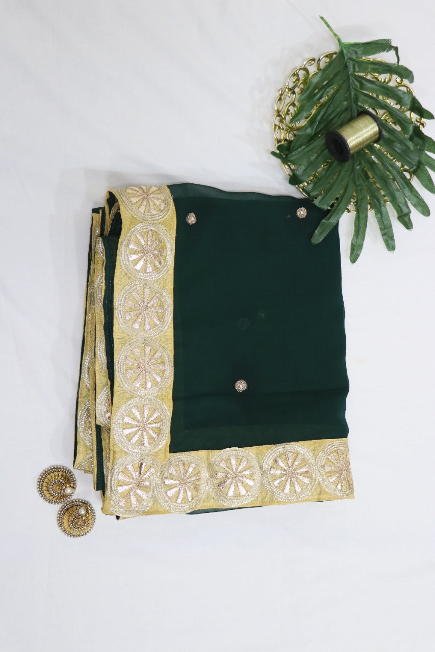 Green Trendy Georgette Heavy Lace Saree With Banarasi Kimkhwab Blouse - Luxurion World
