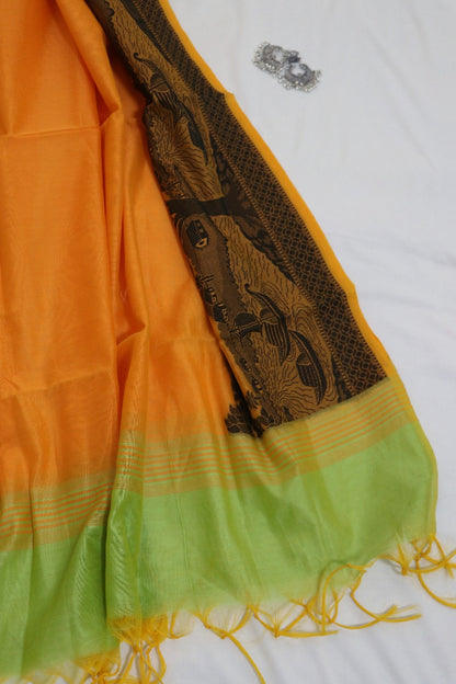Orange Banarasi Chanderi Silk Ghat Design Dupatta - Luxurion World